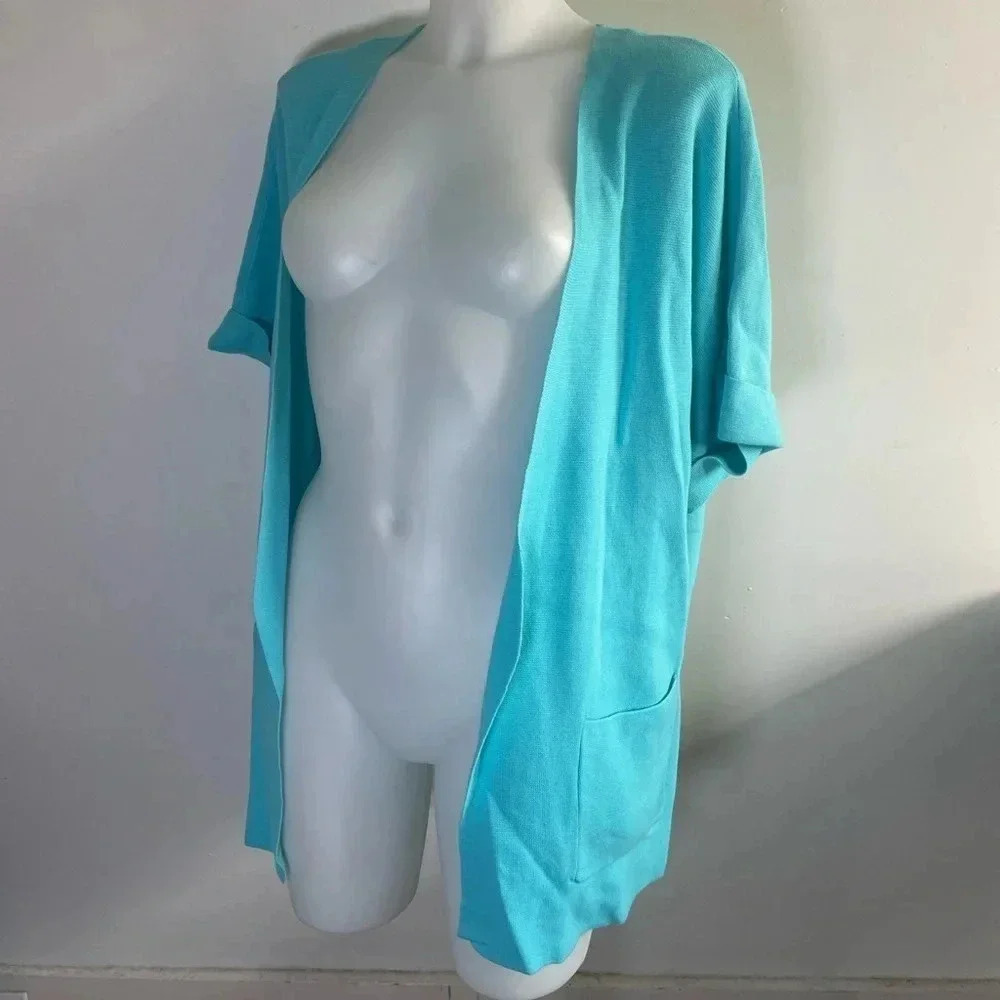 Talbots short sleeve open front cardigan duster Turquoise Blue Pockets LP 0059 - Picture 2 of 10